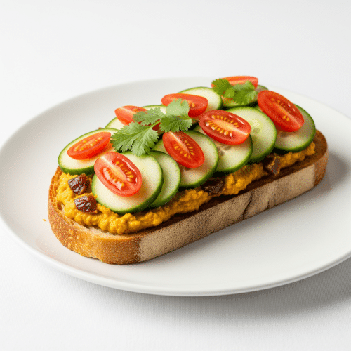 Stulle mit Curry-Dattel-Aufstrich, Gurken und Tomaten