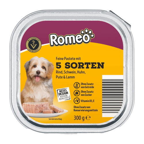 Romeo Hundenahrung Feine Pastete 5 Sorten Fleisch 300g